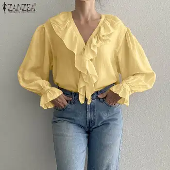 Casual Solid Zburli Dantelă Sus Tunica Femei Bluze Elegante ZANZEA Moda V Gât Pulover Office Lady coreeană de Bază Topuri