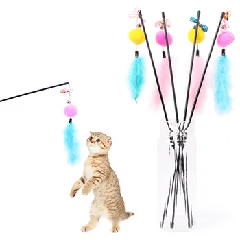 Colorat Creative Roz Albastru Pisicuta Teaser Jucărie Interactiv Tija cu Clopot Și Pene de Formare Joc Distractiv Jucării Pisica Stick