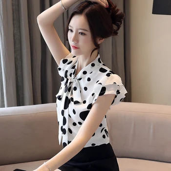 Coreea Style Femei Casual Alb cu Buline Șifon Bluza Femei Topuri si Bluza de Moda cu Maneci Scurte O-neck Bluza blusas 4942 50