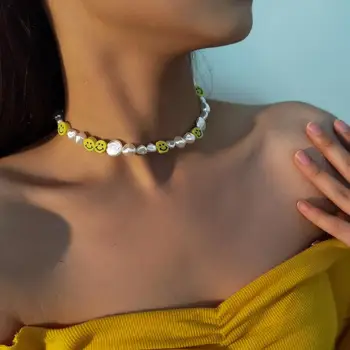 Coreeană neregulate Imitație Perla Cravată Colier Pentru Femei Drăguț Fete Dulci Colier Zâmbet Fata Margele Colier Bijuterii