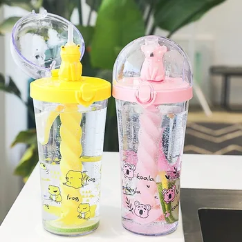 Creative cupa drăguț amuzant sticla de apa de animale drăguț de design, cu paie de plastic, sticla de apa de desene animate de amestecare cupa fata cu inima cupa