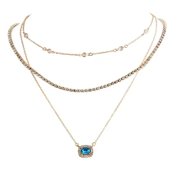 Creatoare de moda multirow colier pentru femei cu încrustații stras albastru bijuterie pandantiv design mixt link-ul de lanțuri de sex feminin halsketting