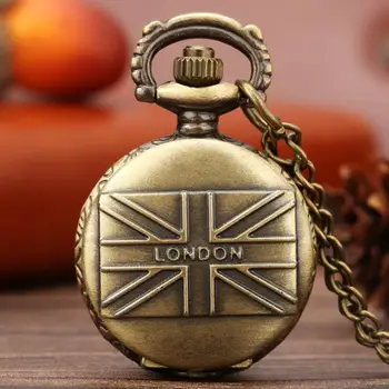 De Dimensiuni mici Antic Londra Anglia UK flag Design Cuarț ceas de Buzunar Colier Pandantiv Cadouri Lanț de sex Masculin Ceas relogio de bolso