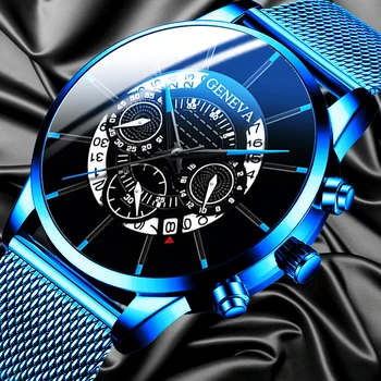 De lux de Moda pentru Bărbați de Afaceri Calendar Ceasuri Albastru Plasă din Oțel Inoxidabil Curea Analog Cuarț Ceas relogio masculino