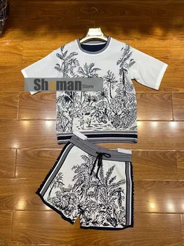 Design de lux high-end două bucata set pentru femei tricotate cu maneci scurte tricou și pantaloni scurți de înaltă talie cu logoed scrisoare și de marcă categorie