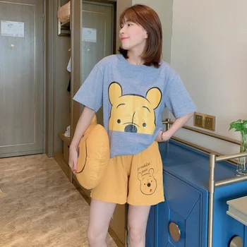 Disney Anime Winnie the Pooh Femei Kawaii Pijamale de Vara Set Pijama Alb Albastru cu Maneci Scurte de sex Feminin Pijama Acasă Purta pantaloni Scurți