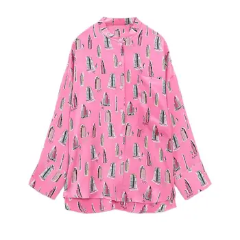 DiYiG WOMANSpring nou, de culoare roz imprimate gât rotund verticale cămașă de moda all-meci stil naveta