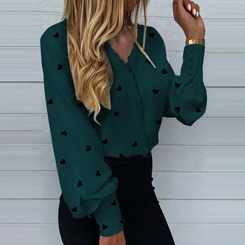 Elegant Inima Print Office Lady Shirt Bluza 2021 Moda Casual Zburli Vara Tricou Femei Sexy V-Neck Lace Top Blusa Streetwear