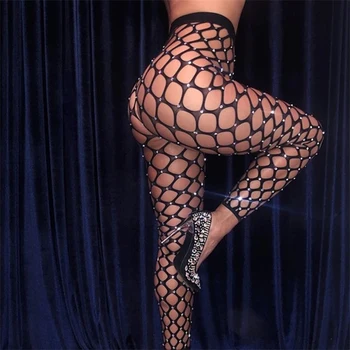 Erotic Pantaloni Stras Mozaic Sexy Femei Hollow Out Fishnet Negru Jambiere Pantaloni Clubwear Creion Pantaloni Pantaloni 2021
