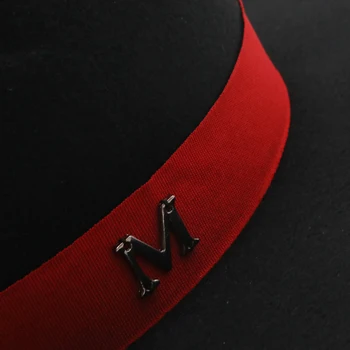 Exterior Negru, Interior roșu de Lână Simțit Jazz Pălării Fedora cu Curea Subțire Catarama Bărbați Femei Margine Largă Panama Trilby Capac 56-58CM