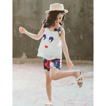 Fată Costum de Haine de Vară Copil Haine Noi Drăguț Ochi Mare Sling T-Shirt+Imprimate pantaloni Scurți 2 BUC Set Haine Copii
