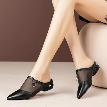 Femei de moda de Plasă Papuci de casă,Toc Scăzut Părți,Stras Pantofi de Vara,Gol afară,Afară, Purtând,de Dimensiuni Mari,NEGRE,BEJ,Dropshipping
