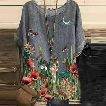 Femei de moda de Vara de bumbac și lenjerie de bluze femme Liber Imprima O-Neck T-Shirt cu Maneci Scurte Casual Bluza Feminin Tricouri Blusas