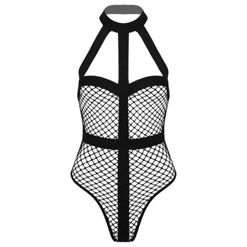 Femei Fishnet Bodysuit Gol Afară Backless Vedea prin Salopeta Ștreangul de Gât fără Mâneci Tricou Costum de Dans Petrecere Clubwear