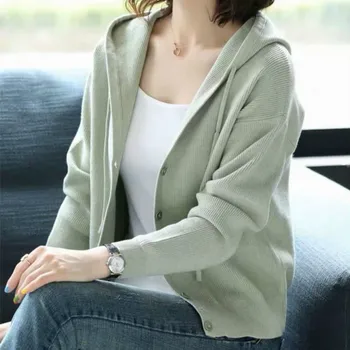 Femei Pulover Solid Tricotat Cu Gluga Cu Cordon Botton Verde Uza Tricotaje Moi Bază De Sex Feminin Coreeană Casual Cardigan Trendy