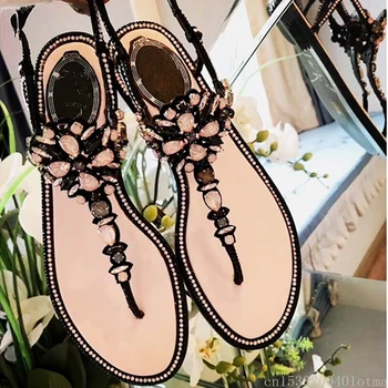 Femei Sandale De Vară 2020 Nou Pantofi Femei Strasuri Lanțuri Gladiator Thong Sandale Plate Papuci De Cristal Chaussure Plus Dimensiune
