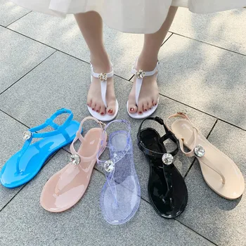 Femei Sandale de Vară Simplu Jeleu de Pantofi de Femeie Bling Stras Plat în aer liber de Agrement Plaja de Cristal Multicolore Femeie Încălțăminte