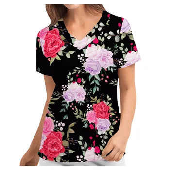 Femei V-Neck Printed Scrub de Sus, cu Buzunare Salon de Înfrumusețare Spa Uniformă Maneca Scurta Bluza Floral Print Tunica Îngrijitor de Lucru A50