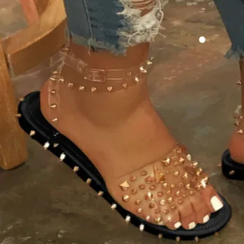 Femei Vara Sandale Cu Toc Plat Nit Platforma Peep Toe Glezna, Catarama 2020 Moda Punk Plaja Doamnelor Pantofi De Zapatos De Mujer