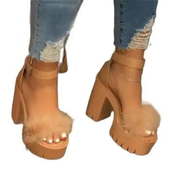 Femeie Blană Sandale cu Tocuri Înalte, cu Blana de sex Feminin Pompe de Platforma Femei Curea Glezna Femei Pană Pantofi de Vară 2020 #SJPAE-130