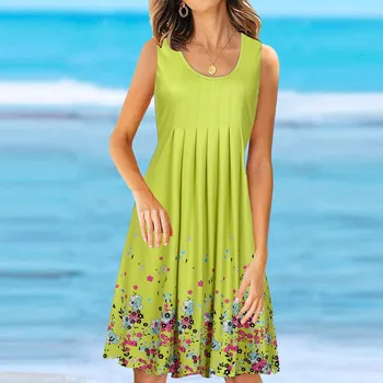 Femeii Plus Dimensiunea Moda de Vara Boho Print Floral Genunchi-Lungime rochie de vară fără Mâneci O-Gât Casual de Vacanta Vocație Rochie de Plaja