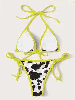 Femeile Split costume de Baie Set, Vaca Imprima Adânc V-gât Căptușit Bikini + Dantelă Chilotei pentru Vară 2021 Noua Moda