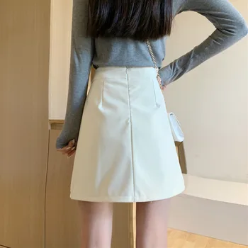 Fuste Femei Solide Casual Slim Fusta a-line Mini coreeană Stil Elegant de Moda All-meci Streetwear Talie Mare PU Piele Chic