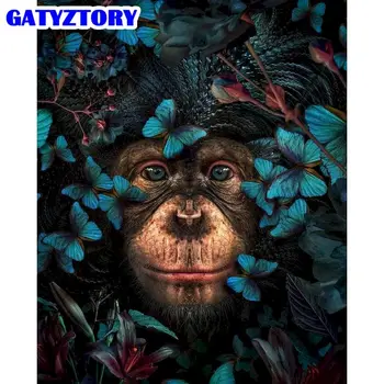 GATYZTORY 60x75cm Tablou De Numărul Panza Pictura Animal Postere Cimpanzeu Fluture Arta de Perete Poza Decor Acasă
