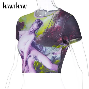 Hawthaw Femei De Vara Cu Maneci Scurte Tipărite Slim Skinny Modă Scurte T Shirt Topuri Teuri 2021 Haine De Sex Feminin Streetwear