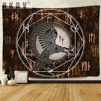 HKDV Viking Raven Tapiserie Misterios Viking Meditație Psihedelice Rune Art Agățat de Perete tapet pentru Camera de zi Decor Acasă