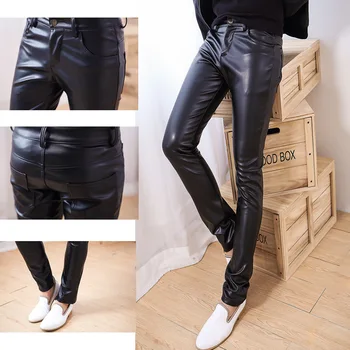 Idopy Moda Barbati Casual Pantaloni din Imitatie de Piele Elastica de Afaceri Negru Slim Fit Creion PU Pantaloni Pentru bărbați