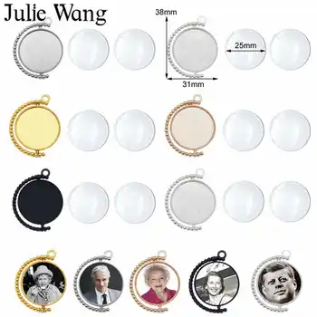 Julie Wang 5 Seturi Cabochon 25mm Setări Cu Sticla Rotativ Dublu Partea de Aliaj Rotund Cameo Bază Farmece a Face Bijuterii Accesorii