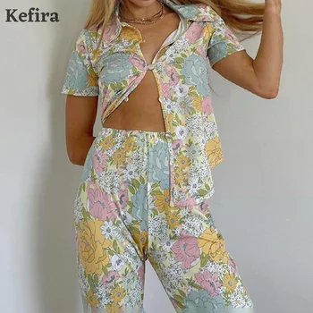 Kefira Casual cu Print Floral Set Femeie 2 bucati 2021 Tricouri Bluze Pantaloni Lungi de Trening Y2K Înaltă Talie Pantaloni Set Tinuta de Vara