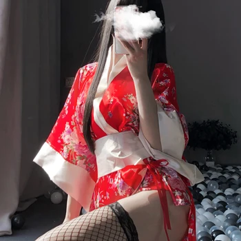 Kimono japonez Lenjerie Sexy Halat de baie Moale Robe de Mătase pentru Femei Stil Tradițional, Halat Yukata Costume Cosplay Pijamale Centura