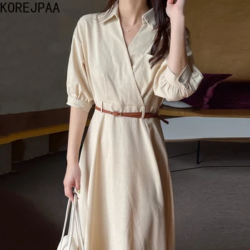 Korejpaa Femei Rochie 2021 coreeană de Moda Chic francez Simplu Rever Cruce Înaltă Talie Subțire Solid Balon Mâneci cu Centură Rochie