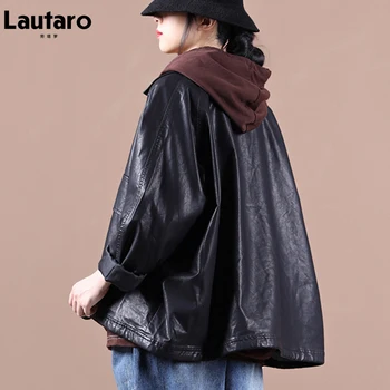 Lautaro Primăvară Scurt Negru Supradimensionat Faux Din Piele Geaca De Femei Maneca Raglan Buzunare Coreean De Îmbrăcăminte De Moda Streetwear 2021