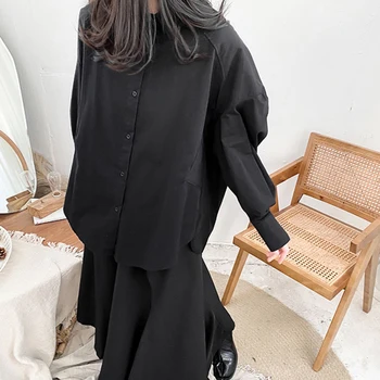 [MEM] pentru Femei Big Size Negru în Formă de Bluză Nouă Rever Mânecă Lungă Lanternă Vrac se Potrivi Tricou de Moda Valul de Primăvară de Toamnă 2021 1DD5024