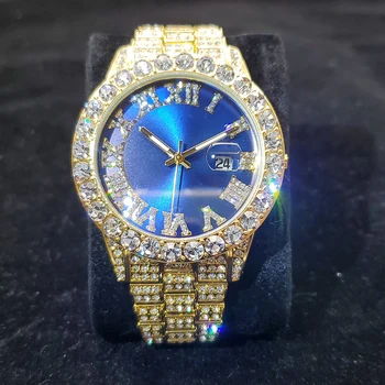 MISSFOX Mare Diamnd Bezel Domn Ceasuri Albastru Cadran Rotund de sex Masculin Ceas de Lux de Afaceri din Oțel Inoxidabil Om Cuarț Ceas