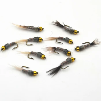 MNFT 10BUC Șirag de mărgele de Aur capul Gri Iepure Ureche Coada Neagră Nimfa Zbura Păstrăv Zbura de Pescuit Momeli Manivela Cârlige de pescuit 12#