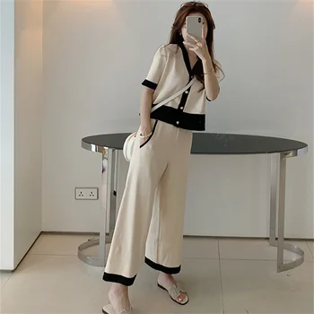 Moda Coreeană 2 Seturi De Piese Pentru Femei Haine De Vară 2021 V-Neck Short Sleeve Top Tricotate+Pantaloni Largi Picior Liber Casual Costum De Intindere