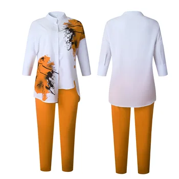 Neregulate Împărțit În Două Bucata Costum 2021 Nou Din Africa De Vara Femei Maneca 3/4 Bluza + Pantaloni De Moda De Imprimare De Înaltă Calitate Costum