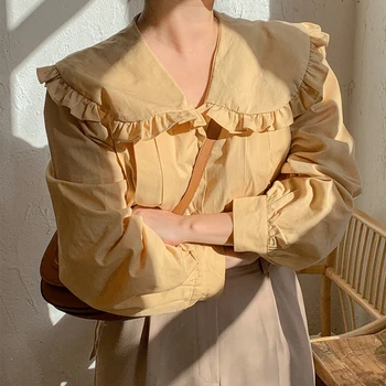 Noi 2021 Primavara-Vara pentru Femei Bluza Dulce la Modă Elegant Supradimensionat Vintage Tricou Guler de Pan Peter Sălbatice Doamna Topuri BL3315