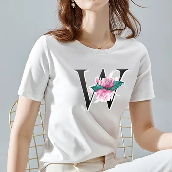 Noi de Vara a Femeilor Populare, T-shirt în engleză Floare Model de Scrisoare de Serie tricou Toate-meci Moale, cu mâneci lungi de Top Casual Alb