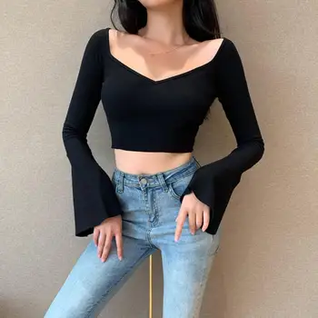 Primavara Toamna femei CropTop Lungi Evazate Maneca negru bluza pentru femei scurte Crop Top pentru femei Slim Streetwear
