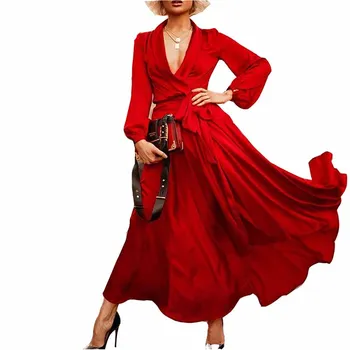 Primavara-Vara Moda Temperament Rochie de Femei 2021 Noua Culoare Solidă Maneca Lunga V-Gât Lung, Elegant, Sexy Rochii de sex Feminin NBH95