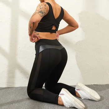 PU Piele Patchwork Jambiere Solidă Talie Mare de Fitness Legging pentru Femei Inima Antrenament Leggins Moda Sexy ochiurilor de Plasă Negru Jeggings