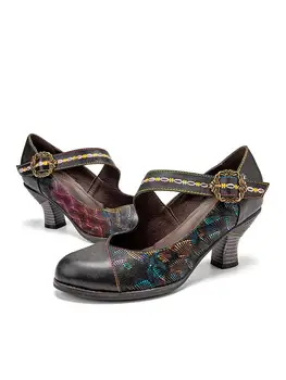 SOCOFY Femei Despicare Colorate din Piele Pompe Cârlig Buclă de Metal Cataramă Curea Glezna Con Toc Mary Jane Pompe Toc Pantofi Casual