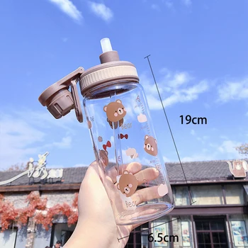 Sticla de apa urs drăguț model cu scară student sport în aer liber distracție creative portabile, etanșe paie de sticlă transparentă