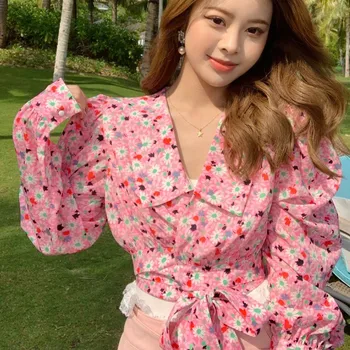 Stil Coreean Primavara Bluza Femei, Roz Floare Puff Maneca Top Doamnelor Elegante Peter Pan Guler De Dantelă-Up Cu Arc Bluza Chic 2021 Noi