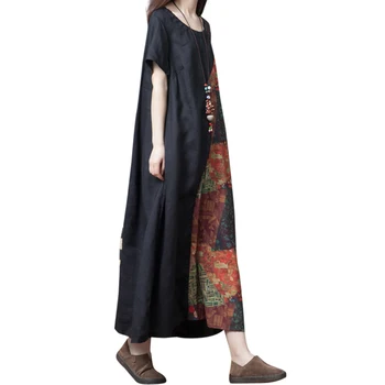 Stil național Subțire Vrac Plus Dimensiunea Rochie de Femei Nou Stil Chinezesc Și Lenjerie de Bumbac Imprimat cu mânecă Scurtă Rochie Lunga de Vara 1405